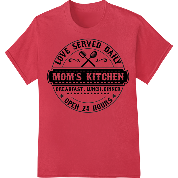 Retro Mom's Kitchen DTF Heat Transfer Print - Open 24/7 on red shirt - SUPERDTF-DTF Prints-DTF Transfers-Custom DTF Prints