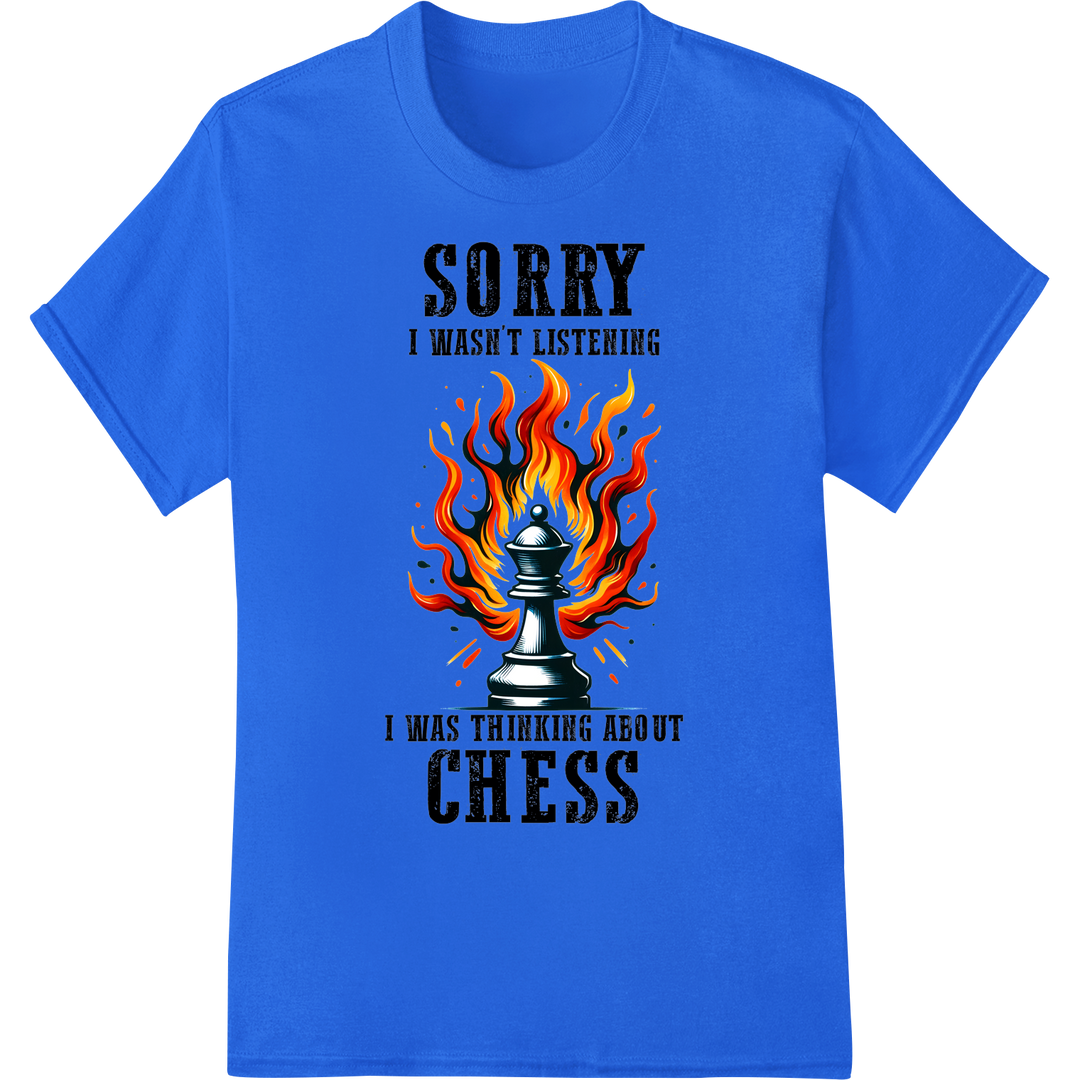 Ignite Your Chess Passion: Fiery Chess Piece DTF Print on blue shirt - SUPERDTF-DTF Prints-DTF Transfers-Custom DTF Prints