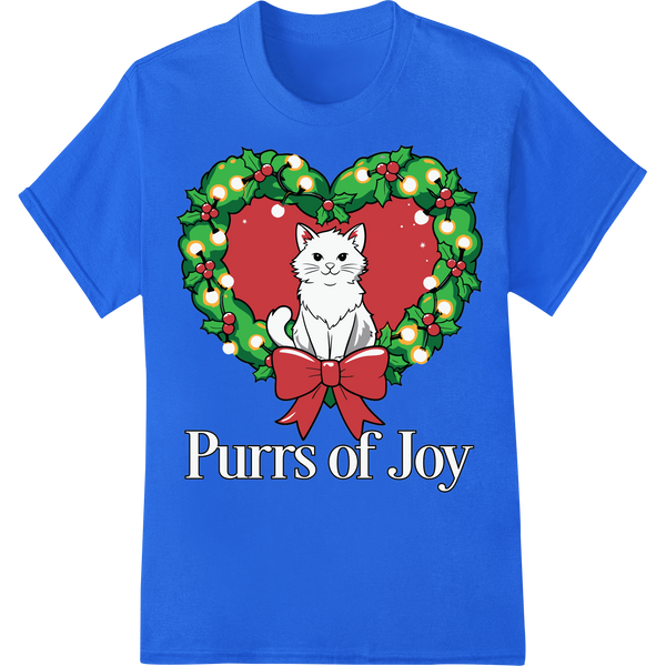 Adorable Christmas Cat DTF Print Heat Transfer - Purrs of Joy on blue shirt - SUPERDTF-DTF Prints-DTF Transfers-Custom DTF Prints