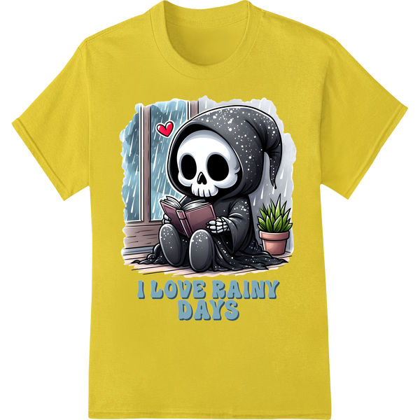 Adorable Skeleton Rainy Day Reading Quirky DTF Print on yellow shirt - SUPERDTF-DTF Prints-DTF Transfers-Custom DTF Prints