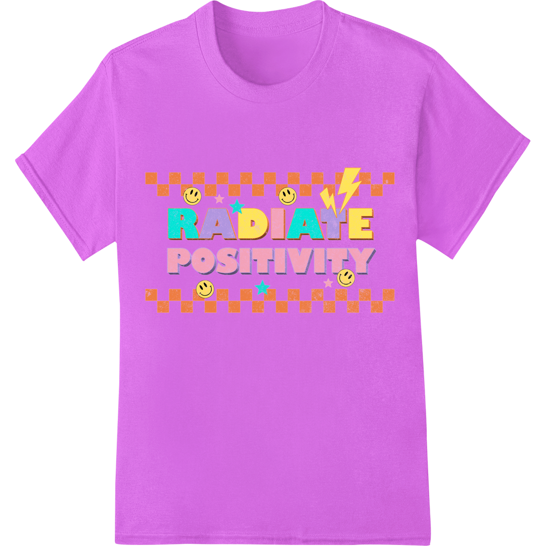 Retro 90s 'RADIATE POSITIVITY' DTF Print Heat Transfer on purple shirt - SUPERDTF-DTF Prints-DTF Transfers-Custom DTF Prints