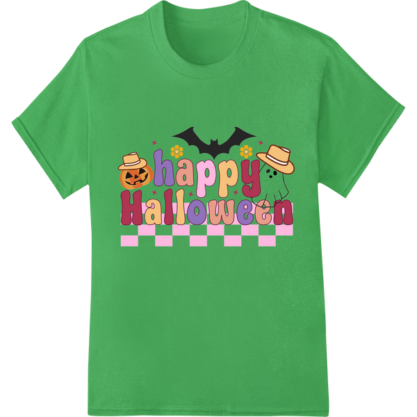 Spooky and festive 'Happy Halloween' design print with pumpkins, bats, ghosts, and text for Direct to Film heat transfer.