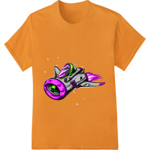 Expert innovative apparel printing craftsmanship on Futuristic Rocket Blasts Off in Vivid Purple and Green