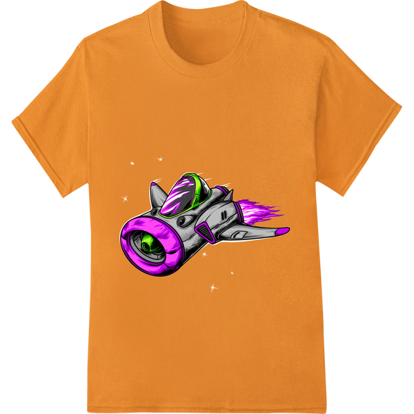 Expert innovative apparel printing craftsmanship on Futuristic Rocket Blasts Off in Vivid Purple and Green