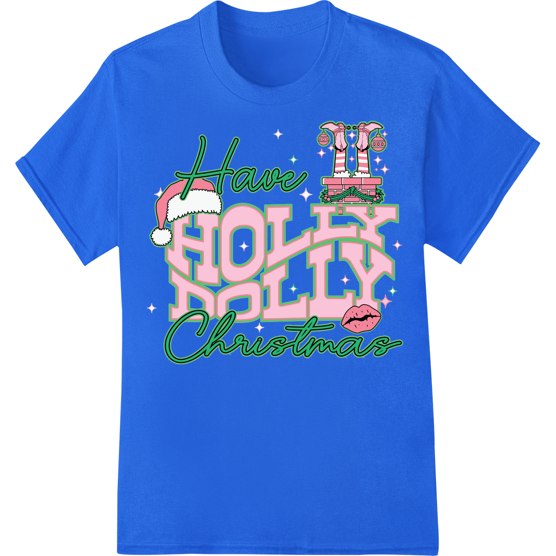 Retro Pink Christmas DTF Transfer: Have a Holly Jolly Holiday on blue shirt - SUPERDTF-DTF Prints-DTF Transfers-Custom DTF Prints