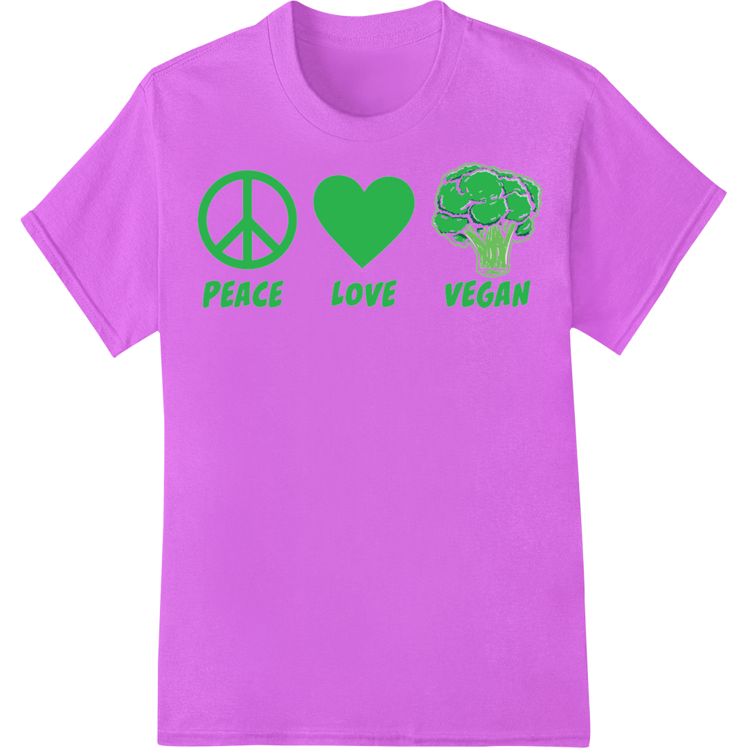 Bold 'Peace Love Vegan' DTF Print Heat Transfer | Super DTF on purple shirt - SUPERDTF-DTF Prints-DTF Transfers-Custom DTF Prints