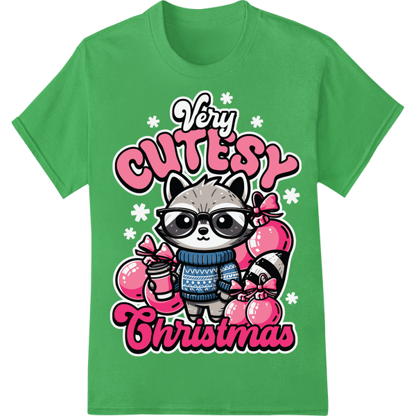 Adorable Raccoon 'Very Cutesy Christmas' DTF Print Transfer on green shirt - SUPERDTF-DTF Prints-DTF Transfers-Custom DTF Prints