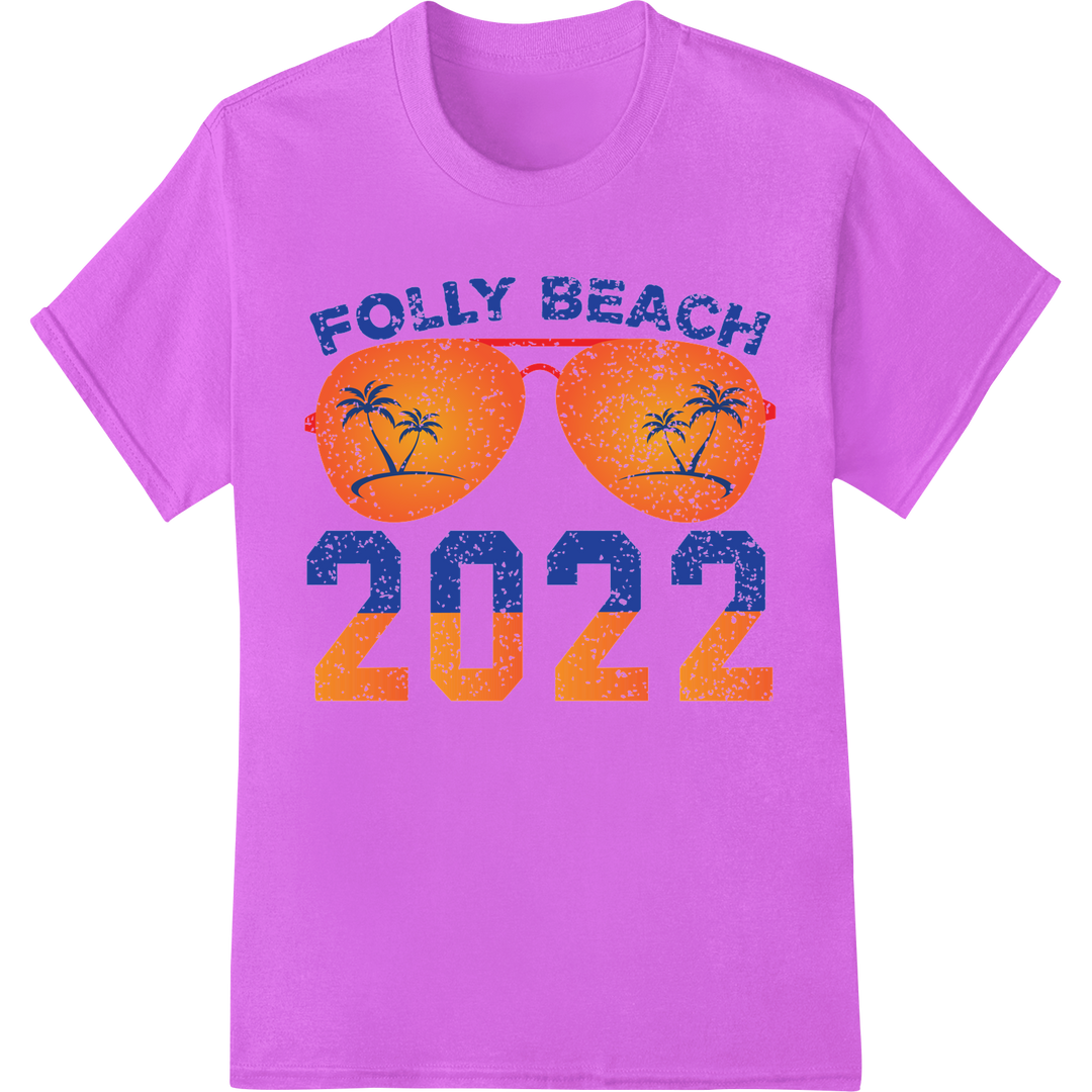 Retro Folly Beach 2022 Sunglasses DTF Print Heat Transfer on purple shirt - SUPERDTF-DTF Prints-DTF Transfers-Custom DTF Prints