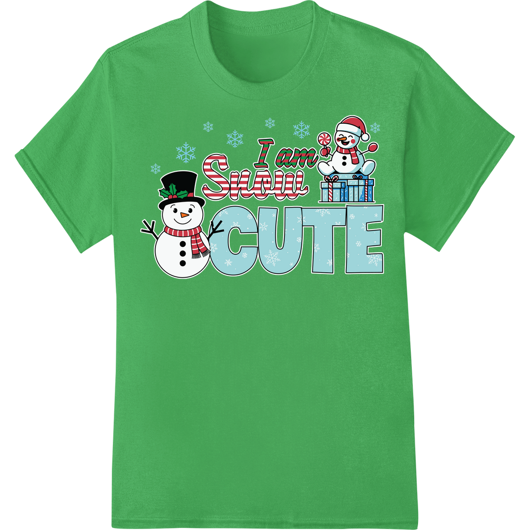 Adorable 'I am Sweet Cute' Snowman Christmas DTF Print on green shirt - SUPERDTF-DTF Prints-DTF Transfers-Custom DTF Prints