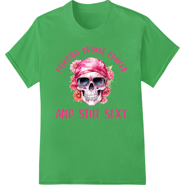 Bold Floral Skull Breast Cancer Awareness DTF Print Tee on green shirt - SUPERDTF-DTF Prints-DTF Transfers-Custom DTF Prints