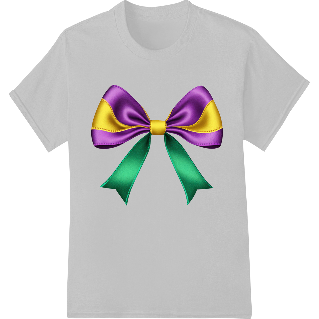 Festive Mardi Gras Bow - Vibrant Purple, Green & Gold DTF Print on white shirt - SUPERDTF-DTF Prints-DTF Transfers-Custom DTF Prints