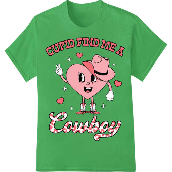 Cupid Find Me A Cowboy: Charming Valentine's Day DTF Print on green shirt - SUPERDTF-DTF Prints-DTF Transfers-Custom DTF Prints