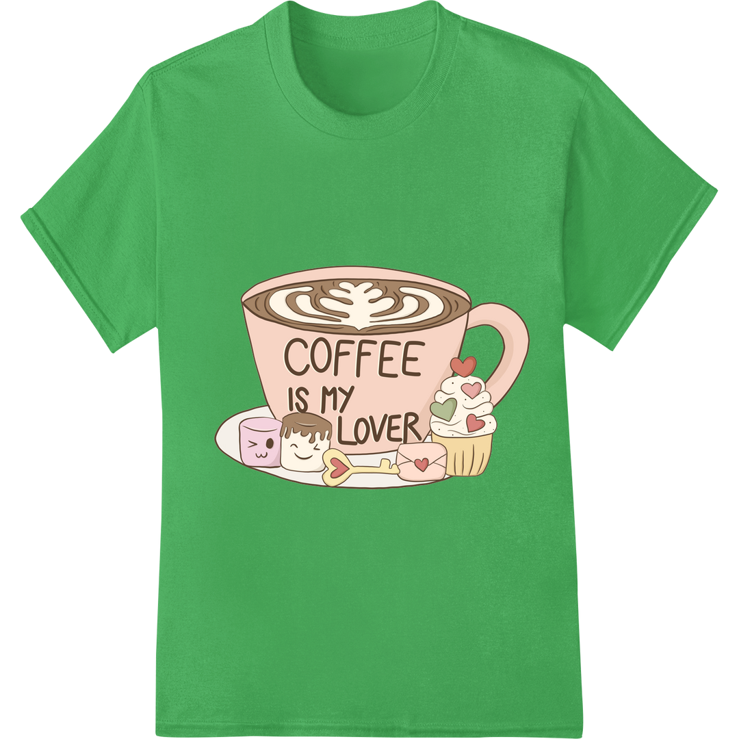 Adorable "COFFEE IS MY LOVER" Valentine's DTF Print Transfer on green shirt - SUPERDTF-DTF Prints-DTF Transfers-Custom DTF Prints