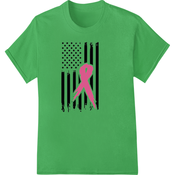 Bold Pink Ribbon US Flag Breast Cancer Awareness DTF Print on green shirt - SUPERDTF-DTF Prints-DTF Transfers-Custom DTF Prints