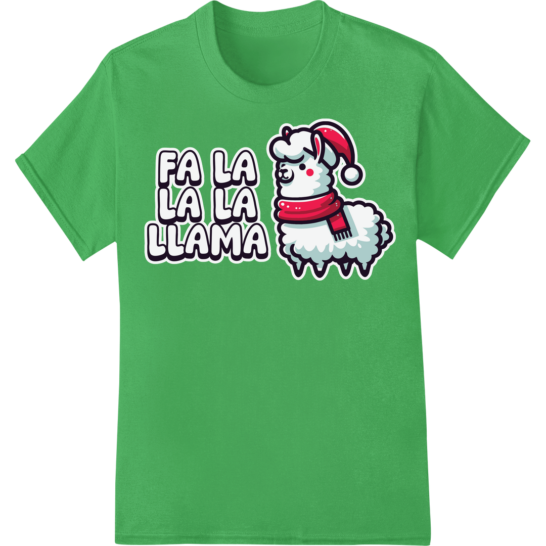 Festive 'Fa La La Llama' Christmas Heat Transfer Print on green shirt - SUPERDTF-DTF Prints-DTF Transfers-Custom DTF Prints