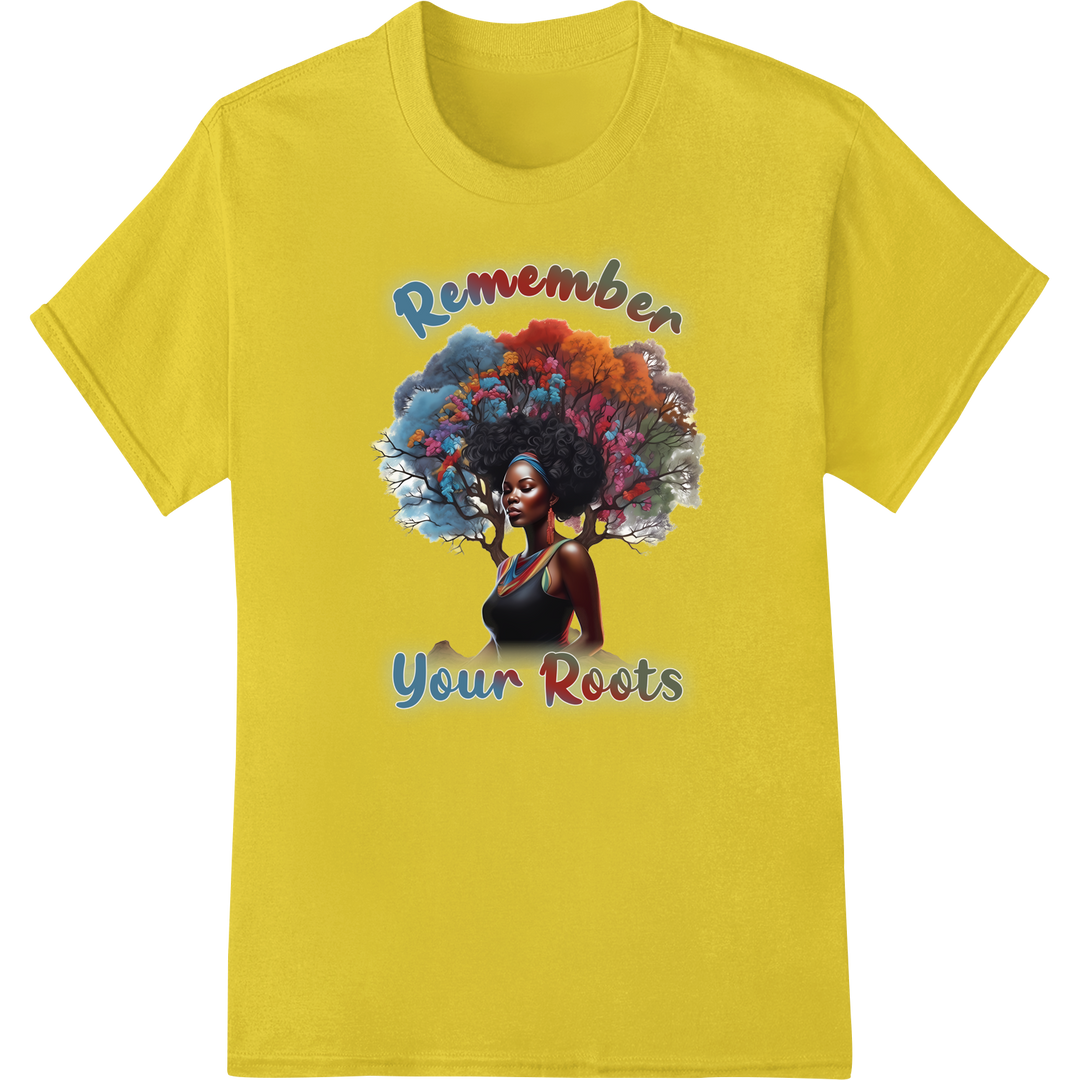 Vibrant 'Remember Your Roots' DTF Print for Black History on yellow shirt - SUPERDTF-DTF Prints-DTF Transfers-Custom DTF Prints