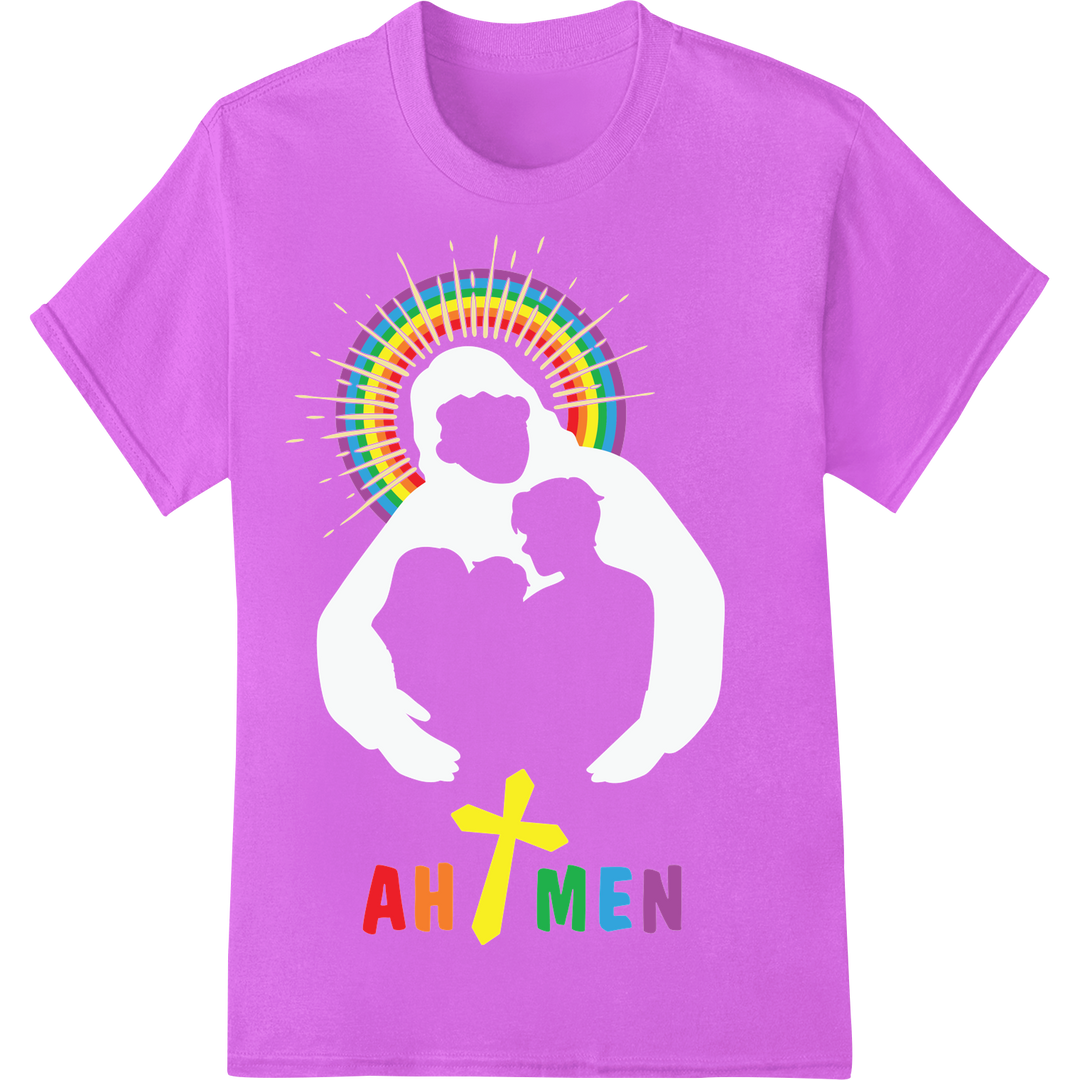 Vibrant Rainbow Cross 'AH MEN' LGBT+ Faith DTF Print Transfer on purple shirt - SUPERDTF-DTF Prints-DTF Transfers-Custom DTF Prints