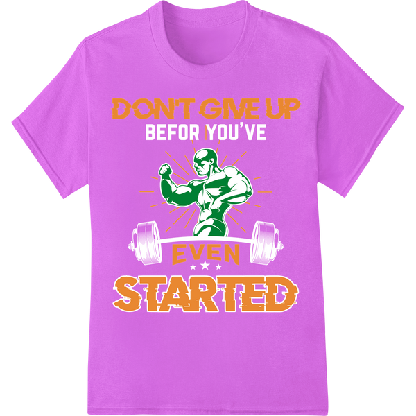 Superhero Motivation: Never Give Up DTF Print Heat Transfer on purple shirt - SUPERDTF-DTF Prints-DTF Transfers-Custom DTF Prints