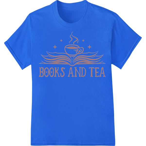 Curl Up with a Good Book and a Cup of Tea on blue shirt - SUPERDTF-DTF Prints-DTF Transfers-Custom DTF Prints