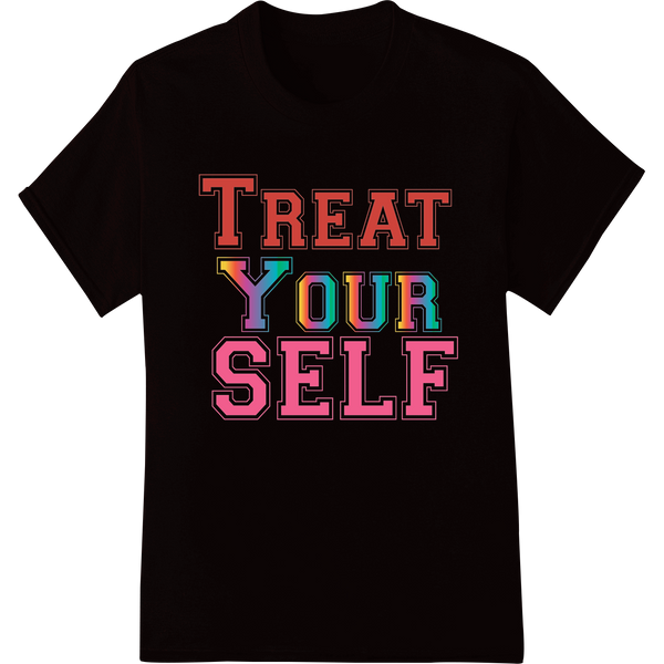 Vibrant Rainbow "Treat Your Self" Typography DTF Print on black shirt - SUPERDTF-DTF Prints-DTF Transfers-Custom DTF Prints