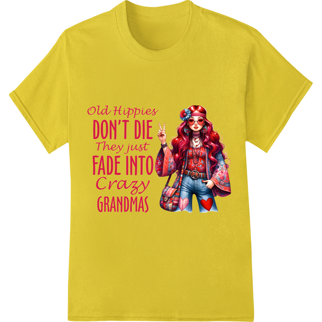 Hippie Grandma Lives On: Retro DTF Print Heat Transfer on yellow shirt - SUPERDTF-DTF Prints-DTF Transfers-Custom DTF Prints