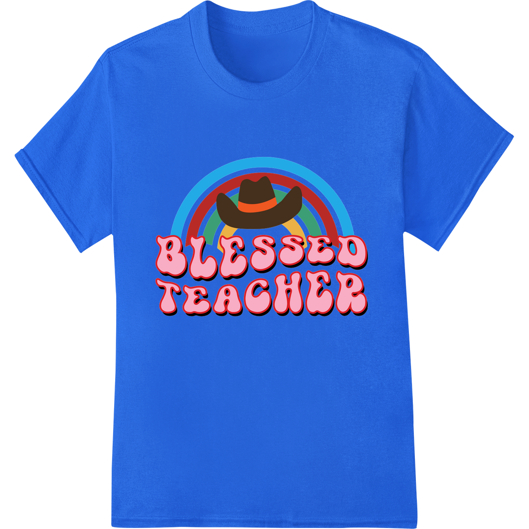 Retro 'Blessed Teacher' Apple Design DTF Print Heat Transfer on blue shirt - SUPERDTF-DTF Prints-DTF Transfers-Custom DTF Prints