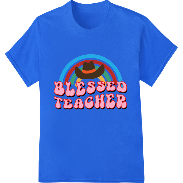 Retro 'Blessed Teacher' Apple Design DTF Print Heat Transfer on blue shirt - SUPERDTF-DTF Prints-DTF Transfers-Custom DTF Prints