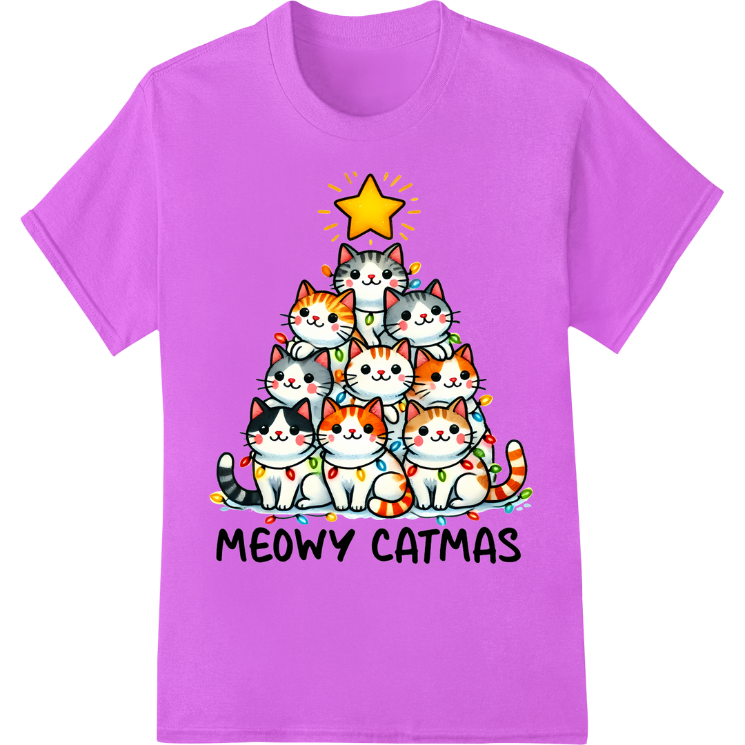 Adorable 'Meowy Catmas' DTF Print Heat Transfer | Super DTF on purple shirt - SUPERDTF-DTF Prints-DTF Transfers-Custom DTF Prints