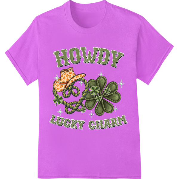 Howdy Lucky Charm: Festive St. Patrick's Day Western DTF Print on purple shirt - SUPERDTF-DTF Prints-DTF Transfers-Custom DTF Prints