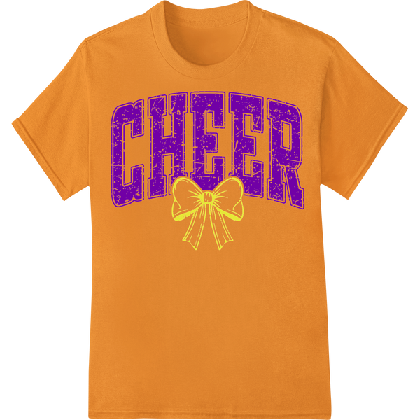 Purple CHEER Cheerleading Heat Transfer w/ Glitter Bow on orange shirt - SUPERDTF-DTF Prints-DTF Transfers-Custom DTF Prints