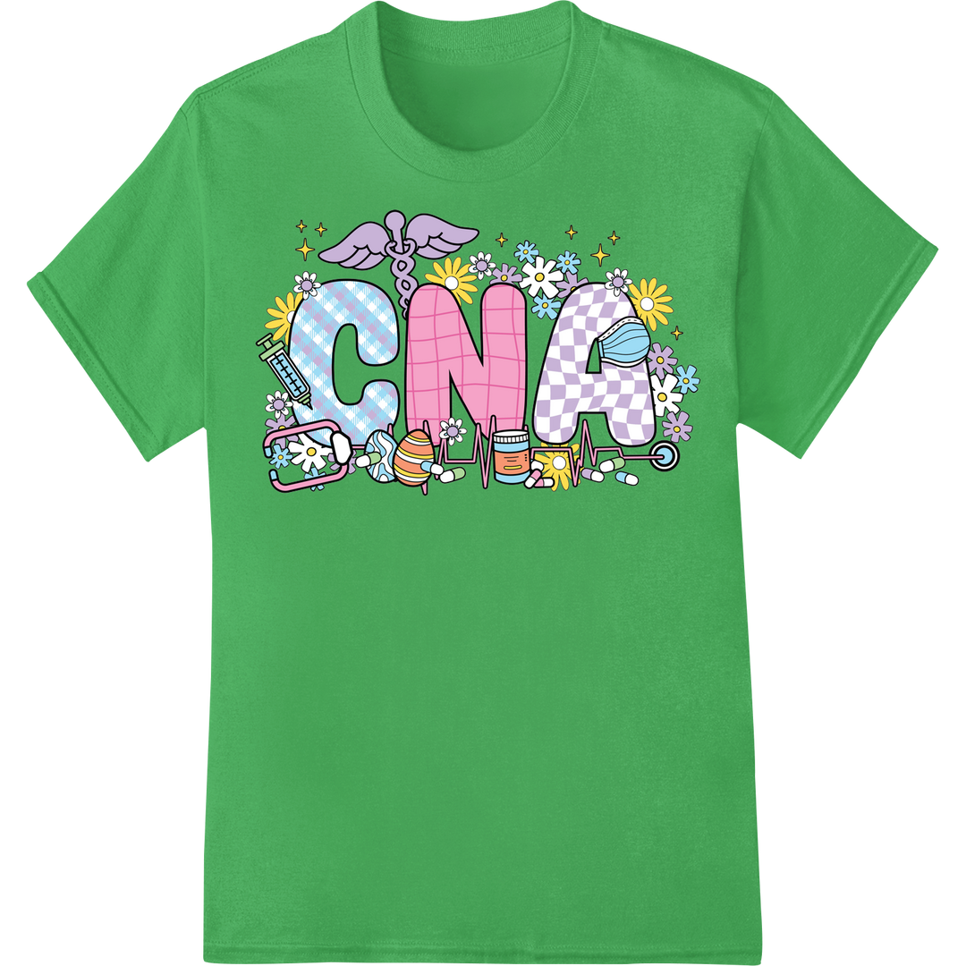 Adorable Easter CNA Nurse Cartoon DTF Print Heat Transfer on green shirt - SUPERDTF-DTF Prints-DTF Transfers-Custom DTF Prints