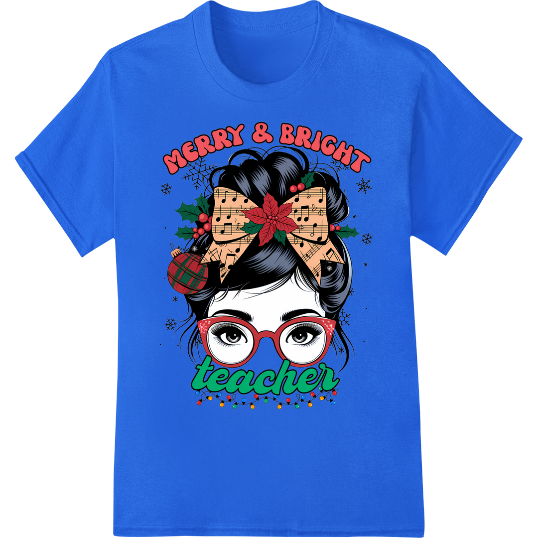 Festive 'Merry & Bright Teacher' Christmas DTF Print on blue shirt - SUPERDTF-DTF Prints-DTF Transfers-Custom DTF Prints