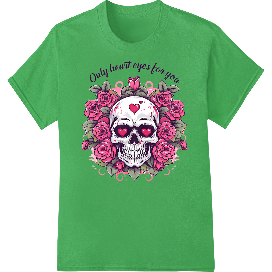 Edgy Skull & Roses: Darkly Romantic Valentine's DTF Print on green shirt - SUPERDTF-DTF Prints-DTF Transfers-Custom DTF Prints