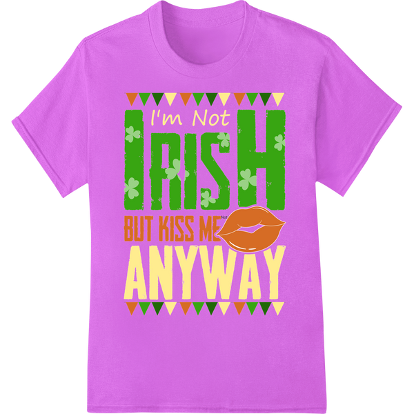 Playful 'I'm Not Irish But Kiss Me Anyway' St. Patrick's DTF Print on purple shirt - SUPERDTF-DTF Prints-DTF Transfers-Custom DTF Prints