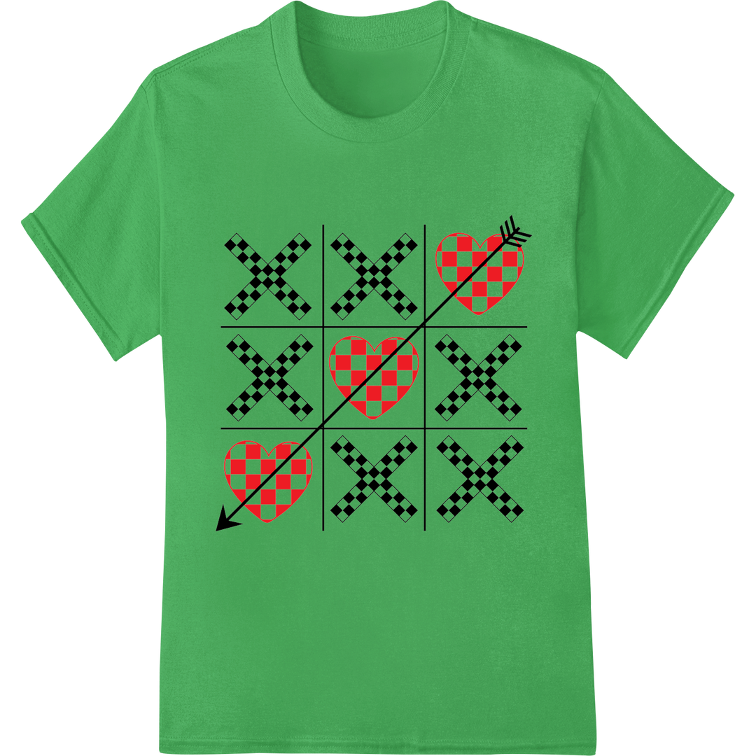 Retro Checkered Hearts: Valentine's Day DTF Transfer Print on green shirt - SUPERDTF-DTF Prints-DTF Transfers-Custom DTF Prints