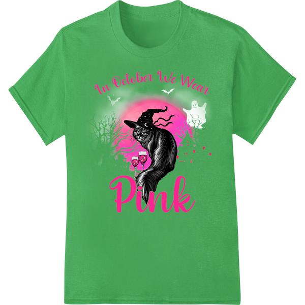 In October We Wear Pink - Breast Cancer Awareness Cat on green shirt - SUPERDTF-DTF Prints-DTF Transfers-Custom DTF Prints