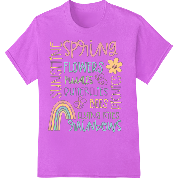 Celebrate Spring's Joys: Flowers, Rainbows & Sunshine on purple shirt - SUPERDTF-DTF Prints-DTF Transfers-Custom DTF Prints