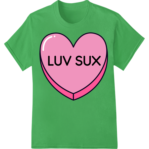 Sarcastic 'LUV SUX' Pink Heart DTF Print Heat Transfer on green shirt - SUPERDTF-DTF Prints-DTF Transfers-Custom DTF Prints