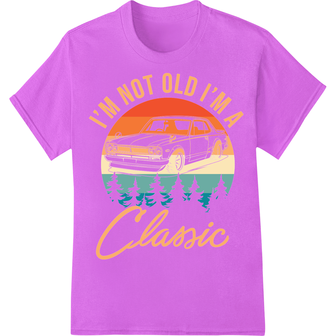 Retro 'I'm Not Old I'm a Classic' 80s Car DTF Heat Transfer on purple shirt - SUPERDTF-DTF Prints-DTF Transfers-Custom DTF Prints