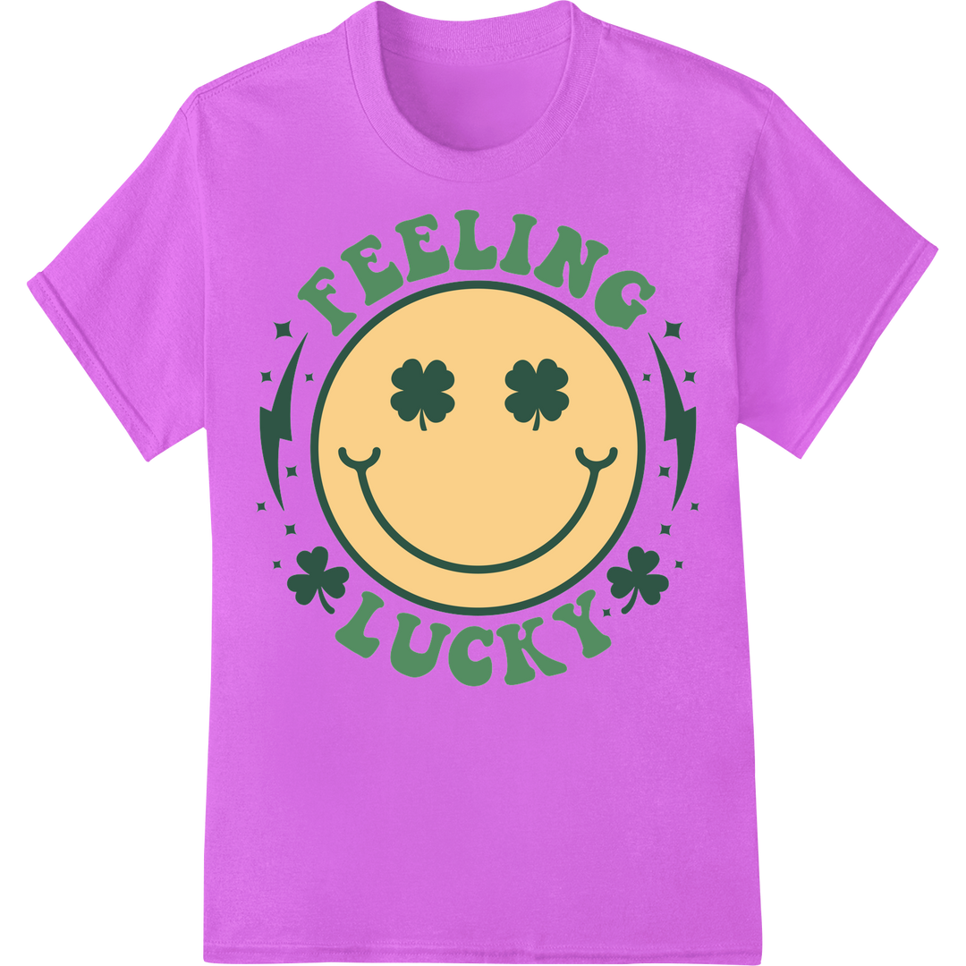 Retro 'Feeling Lucky' Shamrock Smiley DTF Print Heat Transfer on purple shirt - SUPERDTF-DTF Prints-DTF Transfers-Custom DTF Prints