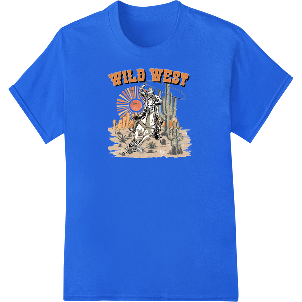 Vintage Wild West design featuring a cowboy riding into the sunset, perfect for DTF printing and custom apparel.