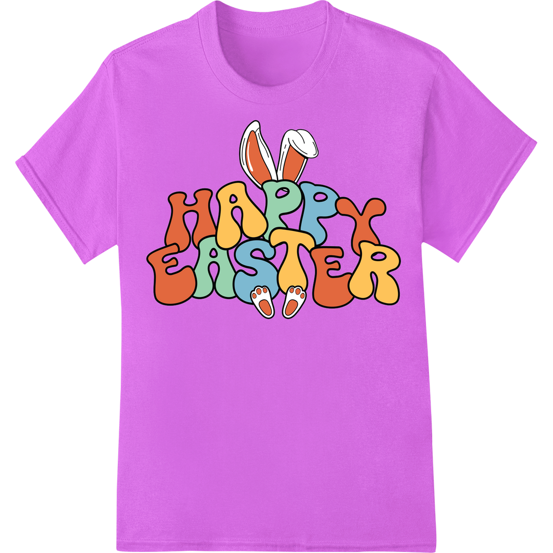 Retro Bunny Cheer: Playful Easter DTF Print Heat Transfer on purple shirt - SUPERDTF-DTF Prints-DTF Transfers-Custom DTF Prints