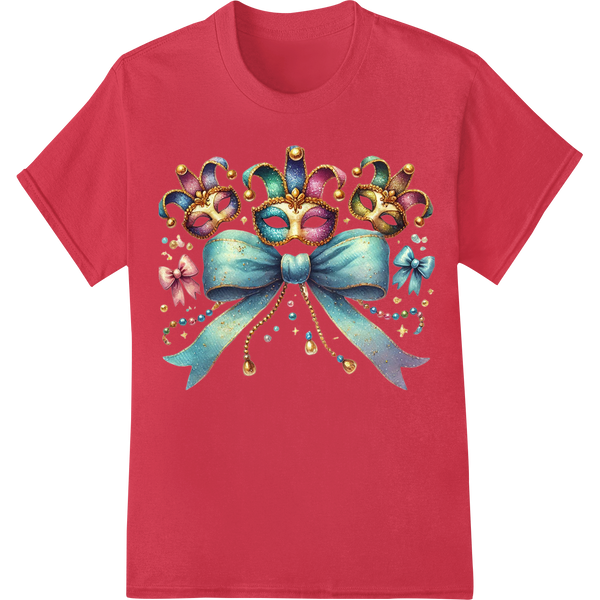 Vibrant Mardi Gras Masquerade Bow - Festive DTF Print Transfer on red shirt - SUPERDTF-DTF Prints-DTF Transfers-Custom DTF Prints