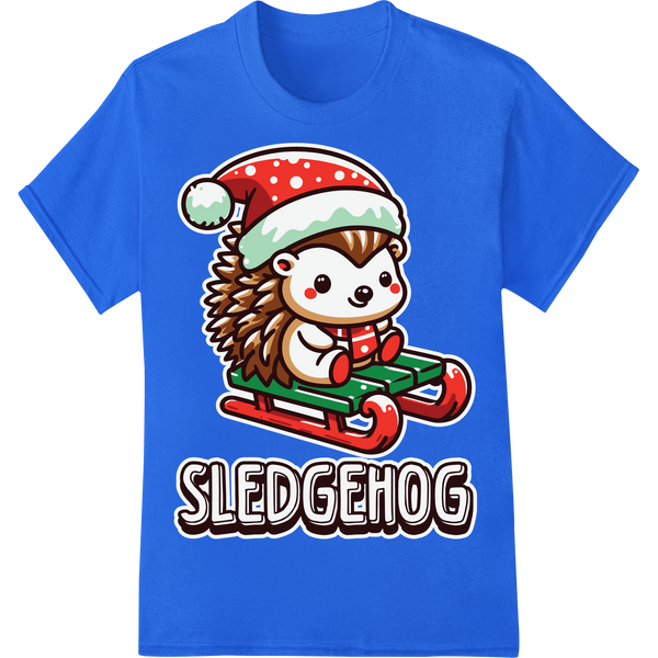 Adorable Christmas Hedgehog DTF Print Heat Transfer on blue shirt - SUPERDTF-DTF Prints-DTF Transfers-Custom DTF Prints