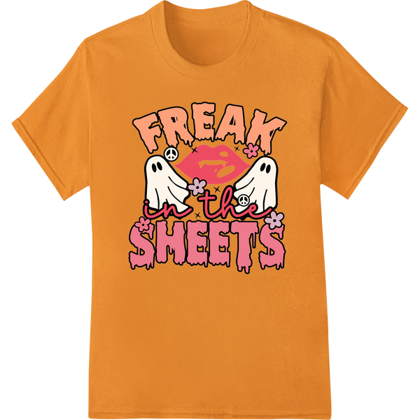 Illustration of ghosts amid a spooky scene with the text 'Freak The Sheets' for a DTF heat transfer design