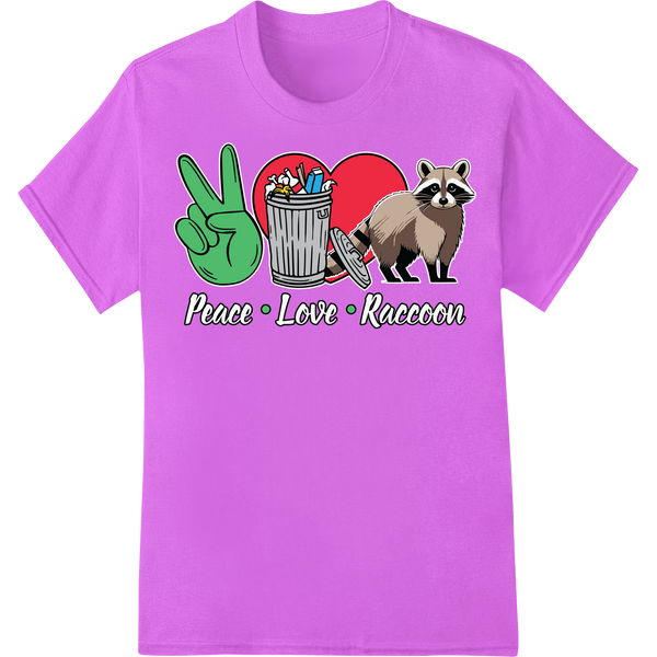 Adorable Raccoon Spreads Peace, Love, & Laughter | DTF Print on purple shirt - SUPERDTF-DTF Prints-DTF Transfers-Custom DTF Prints