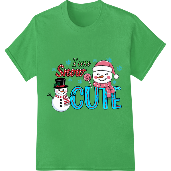 Adorable "I am Snow Cute" Snowman DTF Transfer Print on green shirt - SUPERDTF-DTF Prints-DTF Transfers-Custom DTF Prints