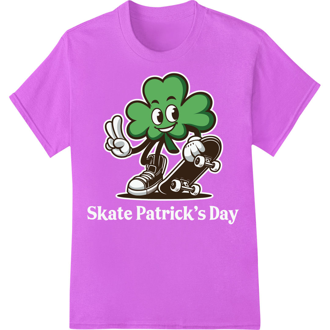 Lucky Shamrock Skateboarder: St. Patrick's Day DTF Print on purple shirt - SUPERDTF-DTF Prints-DTF Transfers-Custom DTF Prints