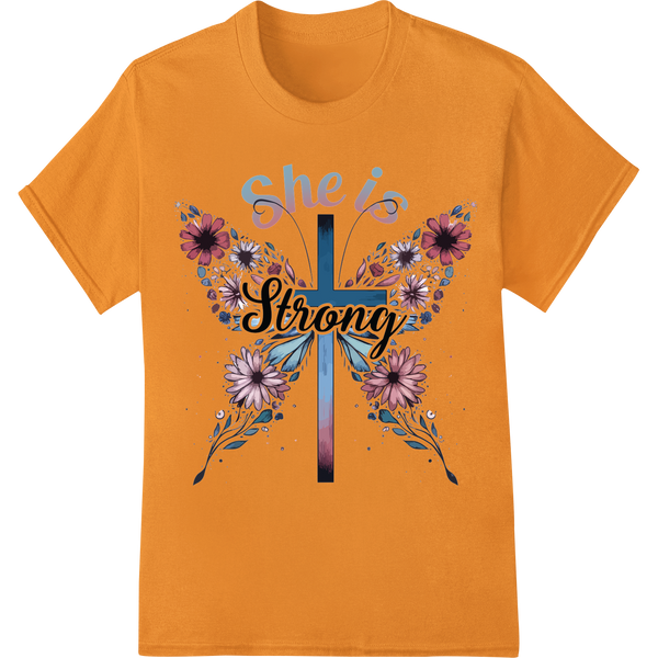 She is Strong: Inspire Faith with Floral Cross DTF Print on orange shirt - SUPERDTF-DTF Prints-DTF Transfers-Custom DTF Prints