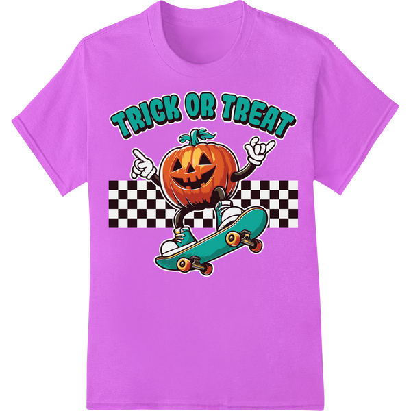 A Halloween-themed design featuring a pumpkin riding a skateboard, made with Direct to Film (DTF) print for heat transfers.